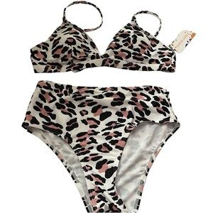 New Leopard Print Pink Black Bikini, Size Medium NWT